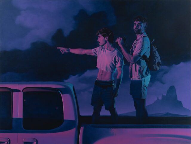 a detail of a painting of two male figures at night, standing together in the bed of a pickup truck and looking toward something just out of the frame