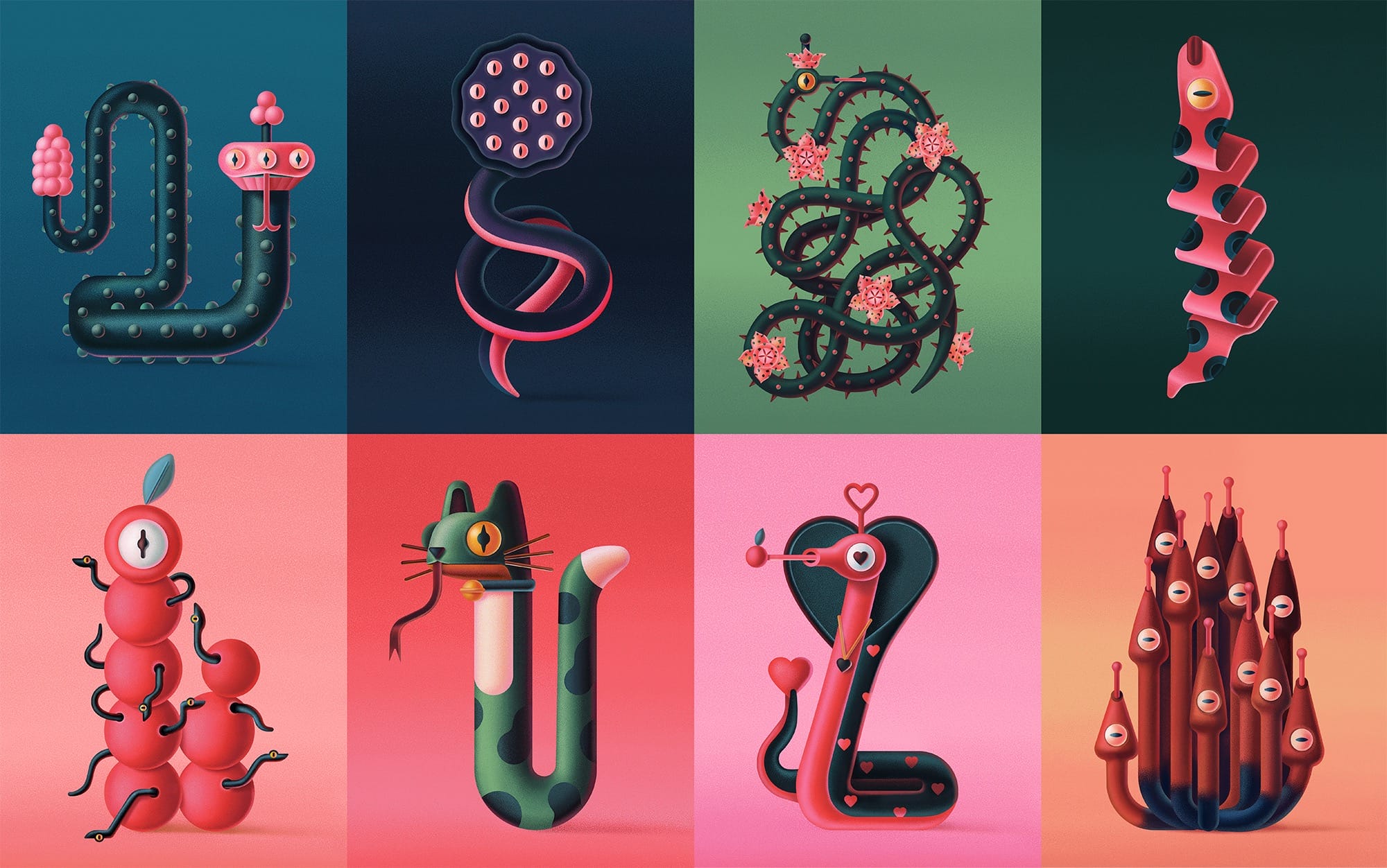 a composite image of 8 humorous illustrations of snakes representing the Lunar New Year