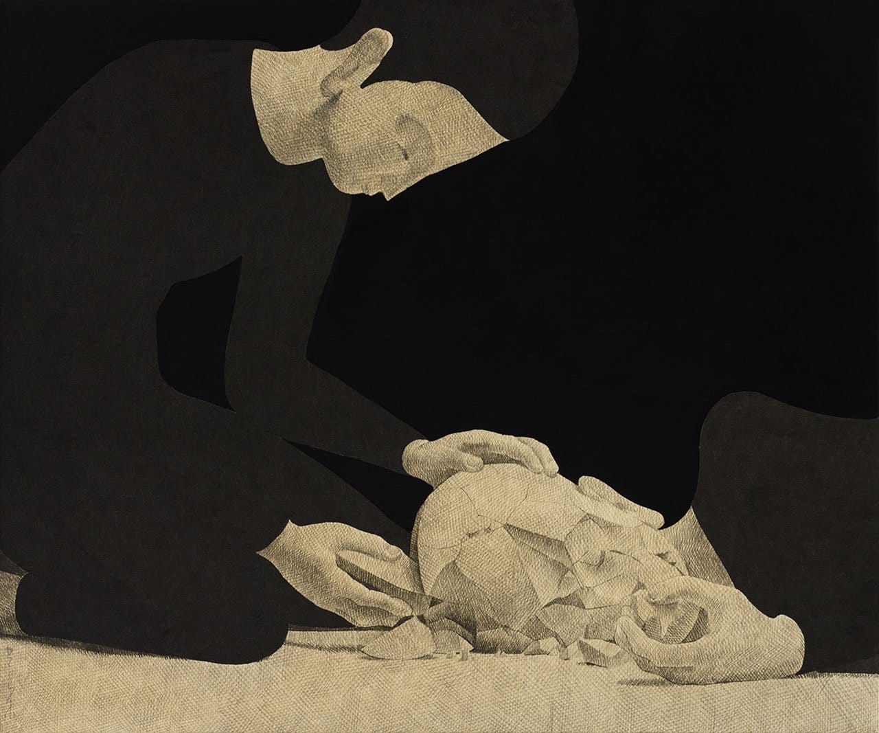 an ink drawing on paper of a figures in black clothing, arranging pieces of a broken head on the ground