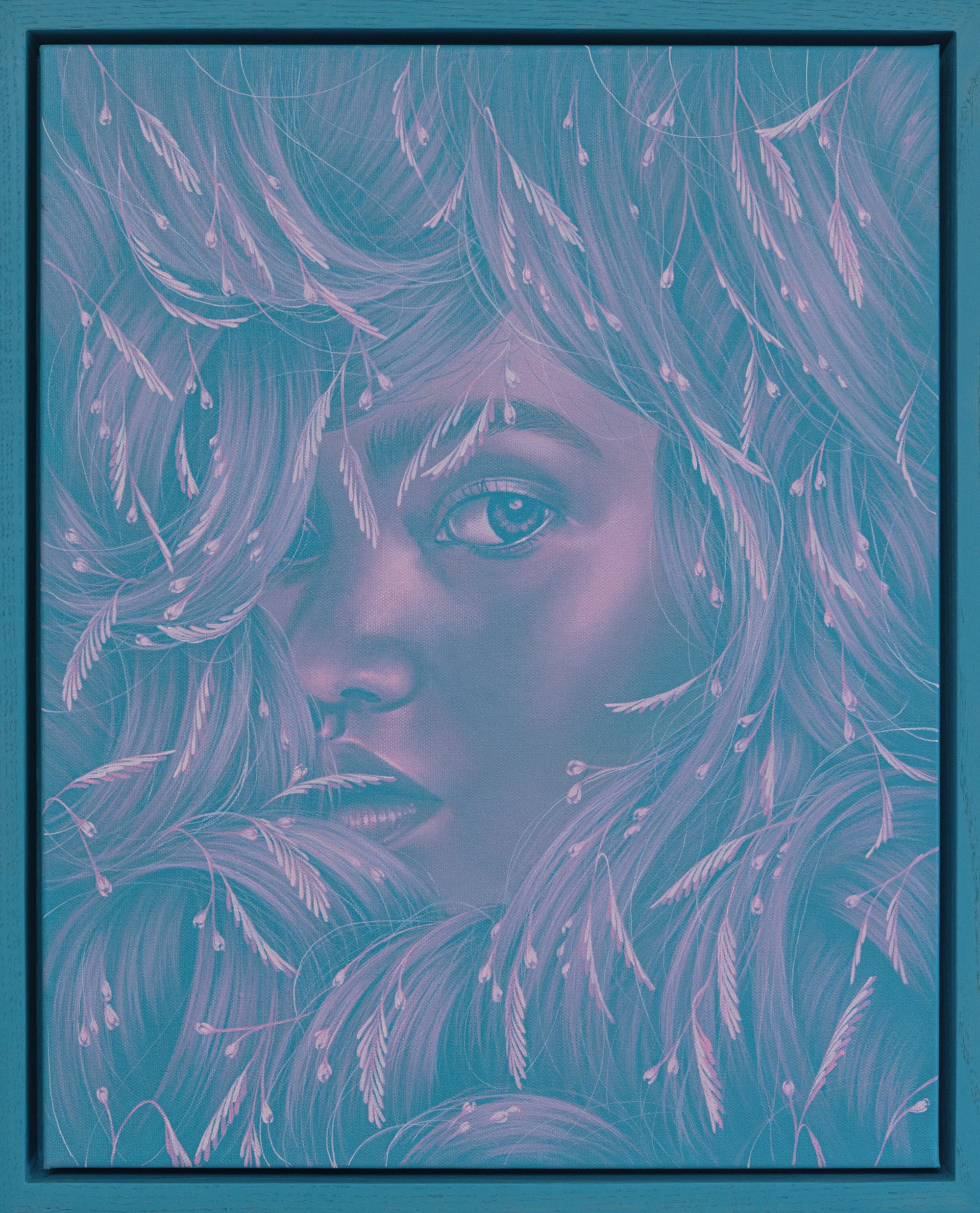 a blue and pink portrait of a woman peering through foliage
